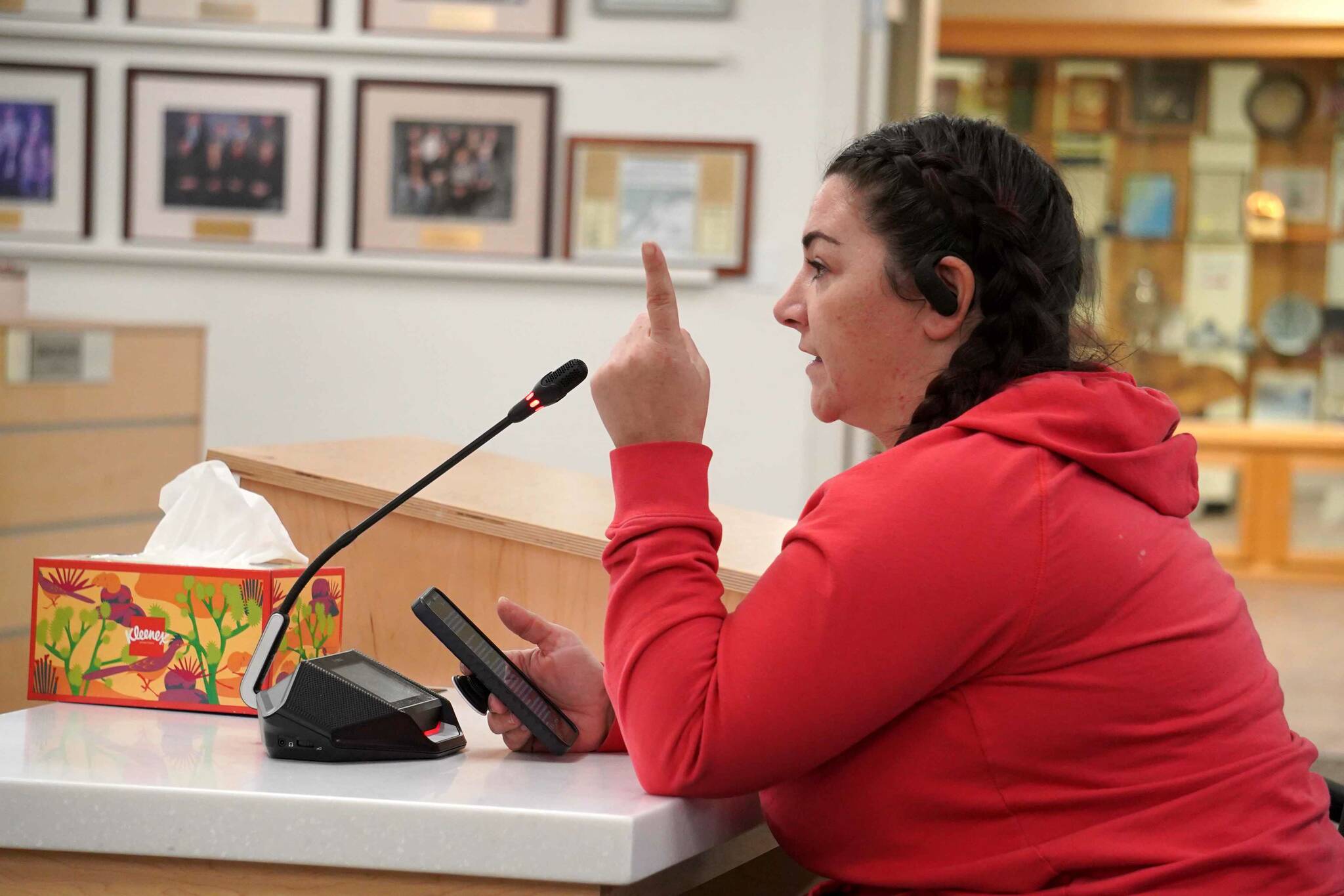 Shannon Ferguson speaks during a meeting of the Kenai Peninsula Borough School District’s Board of Education in Soldotna, Alaska, on Monday, Dec. 2, 2024. (Jake Dye/Peninsula Clarion)