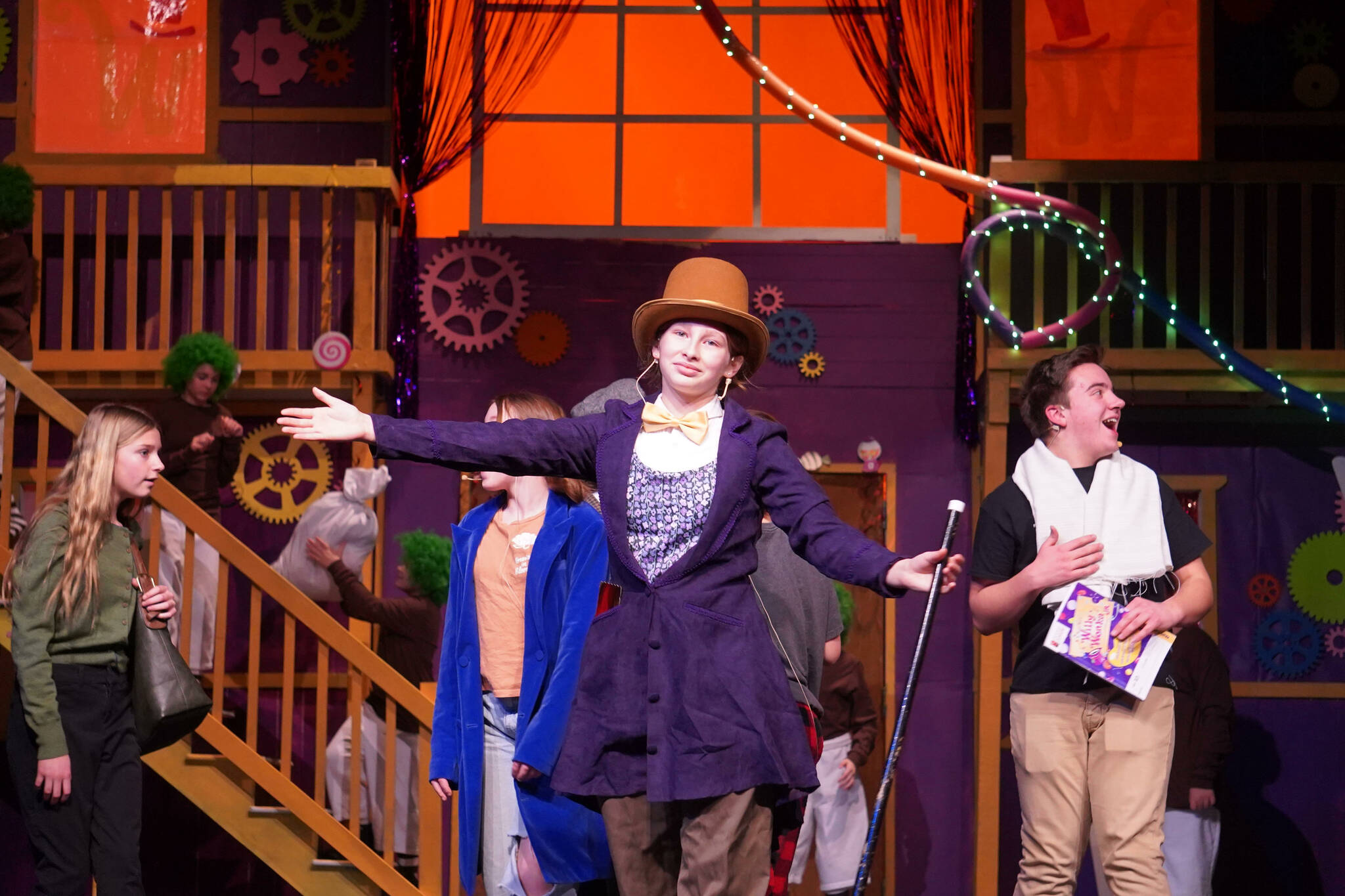 The cast of Nikiski Bulldog Theatre’s “Willy Wonka Jr.” rehearse at Nikiski Middle/High School on Tuesday, Dec. 3, 2024. (Jake Dye/Peninsula Clarion)