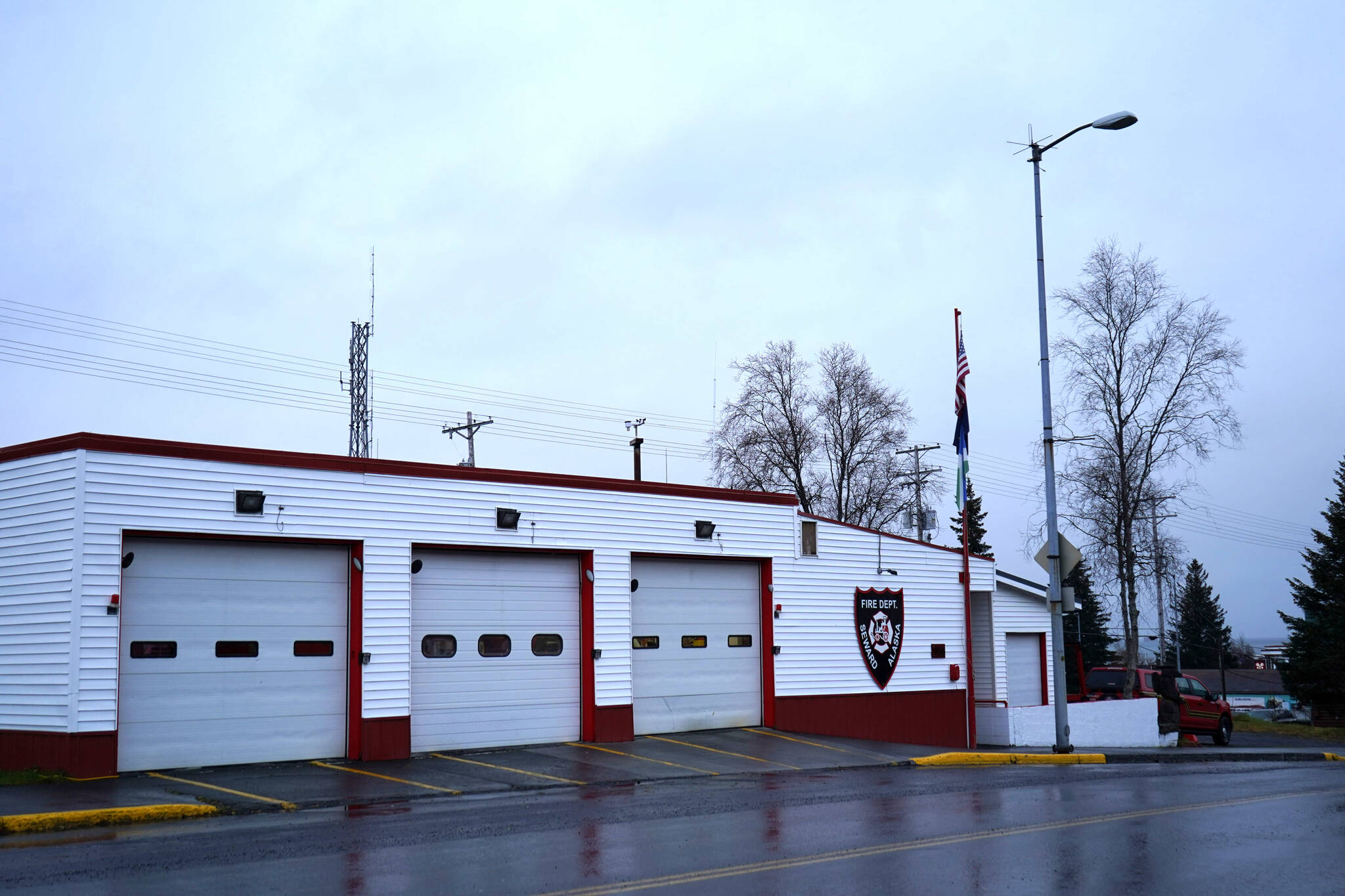 Seward Fire Department stands under cloudy skies in Seward, Alaska, on Thursday, Nov. 7, 2024. (Jake Dye/Peninsula Clarion)