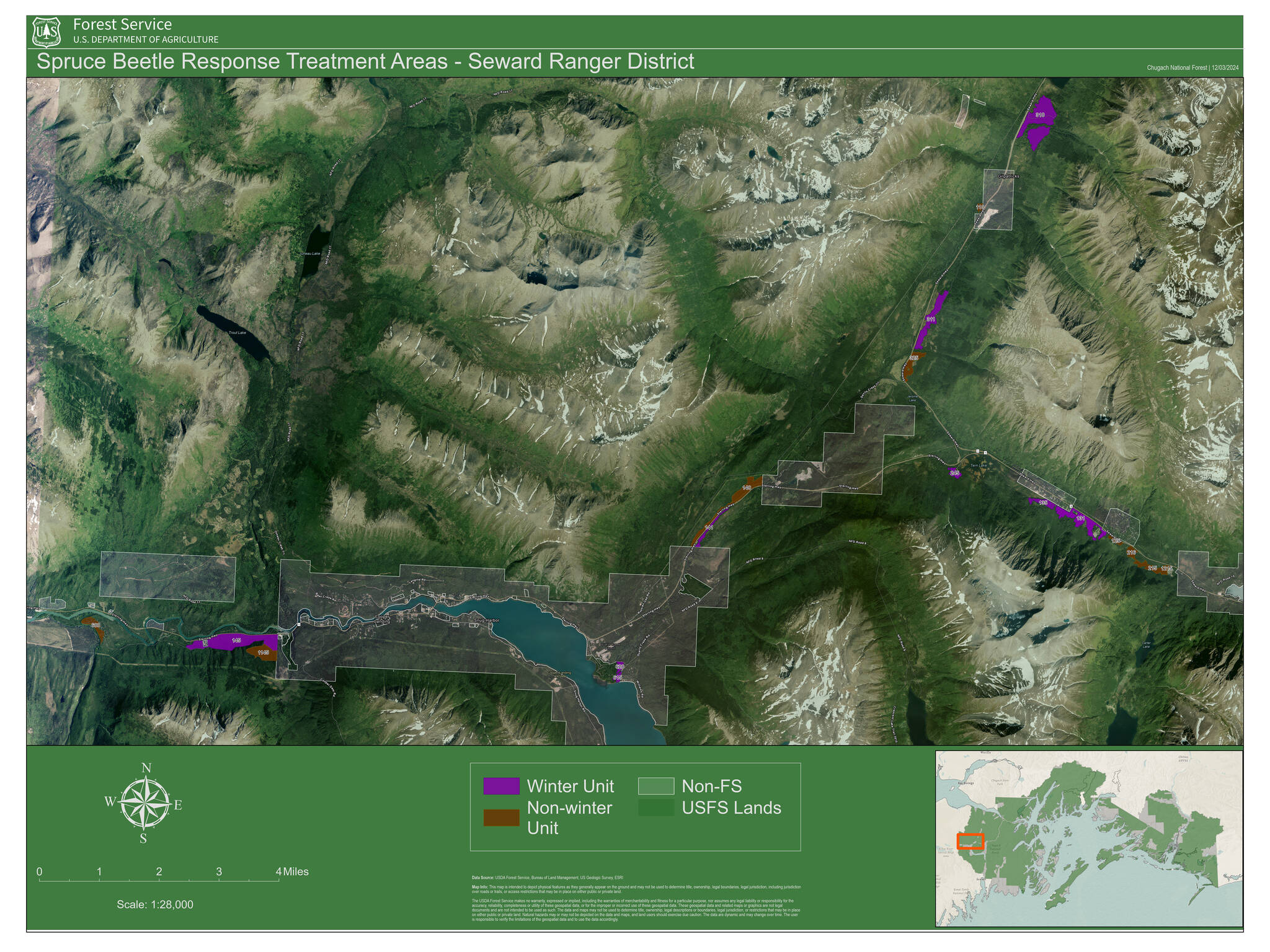 A map shows the areas, in purple and brown, where spruce beetle mitigation is planned. (Provided by U.S. Forest Service)