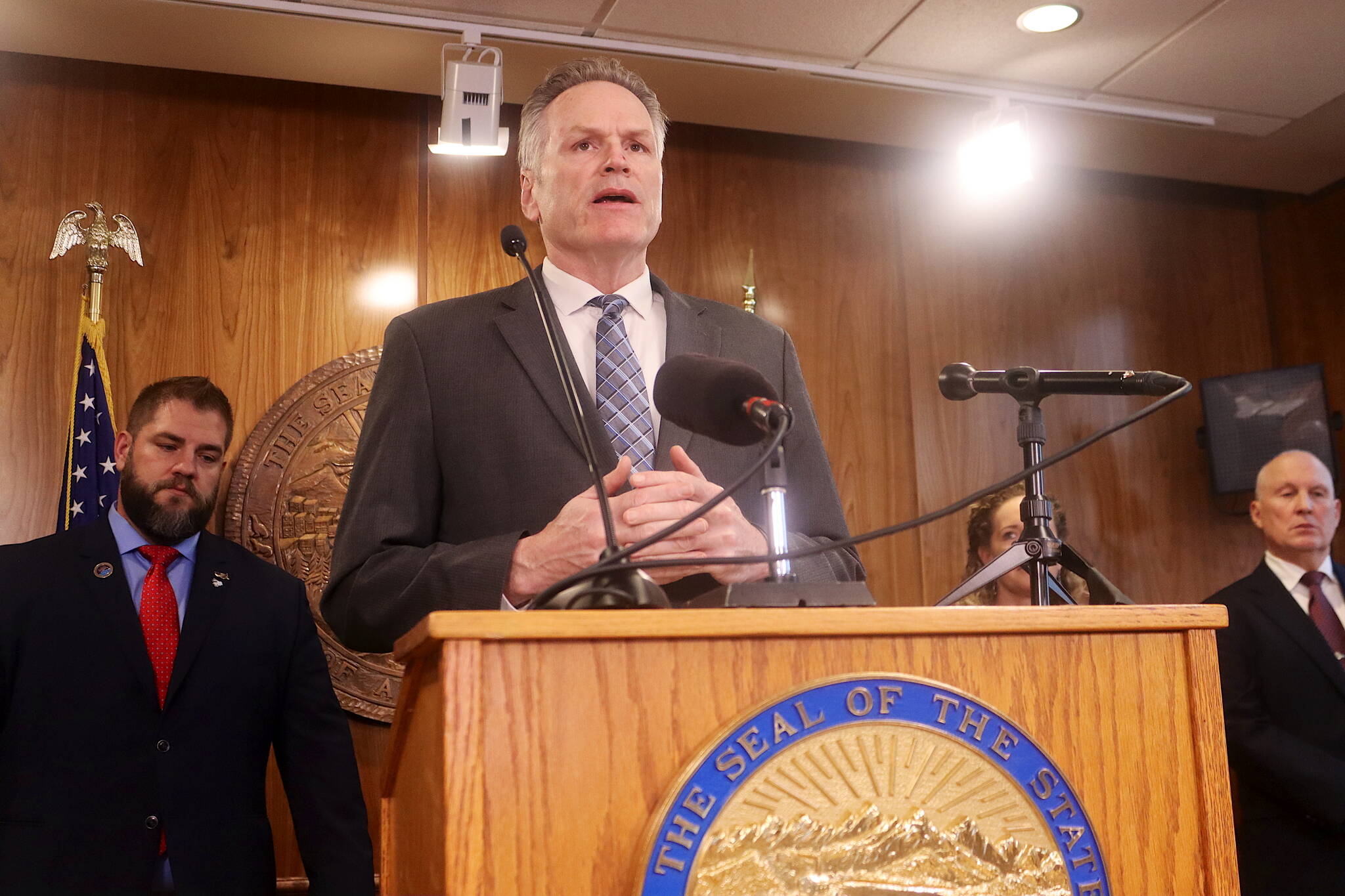 Gov. Mike Dunleavy explains details of his proposed state budget for next year during a press conference Thursday, Nov. 12, 2024, at the Alaska State Capitol in Juneau, Alaska. (Mark Sabbatini / Juneau Empire)