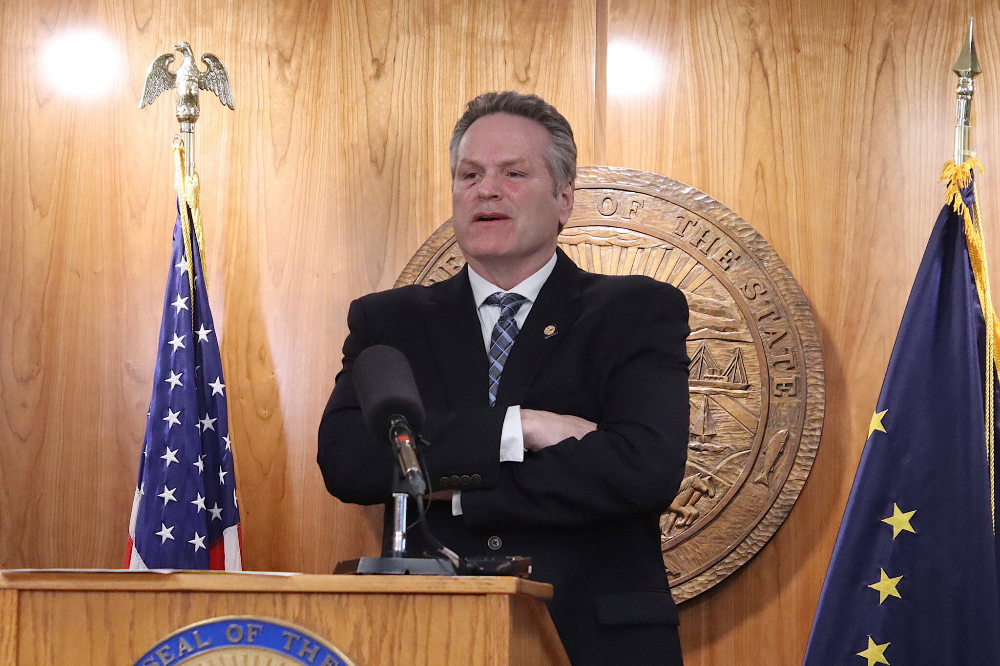 Gov. Mike Dunleavy speaks during a press conference March 16, 2024, at the Alaska State Capitol in Juneau. (Mark Sabbatini / Juneau Empire file photo)