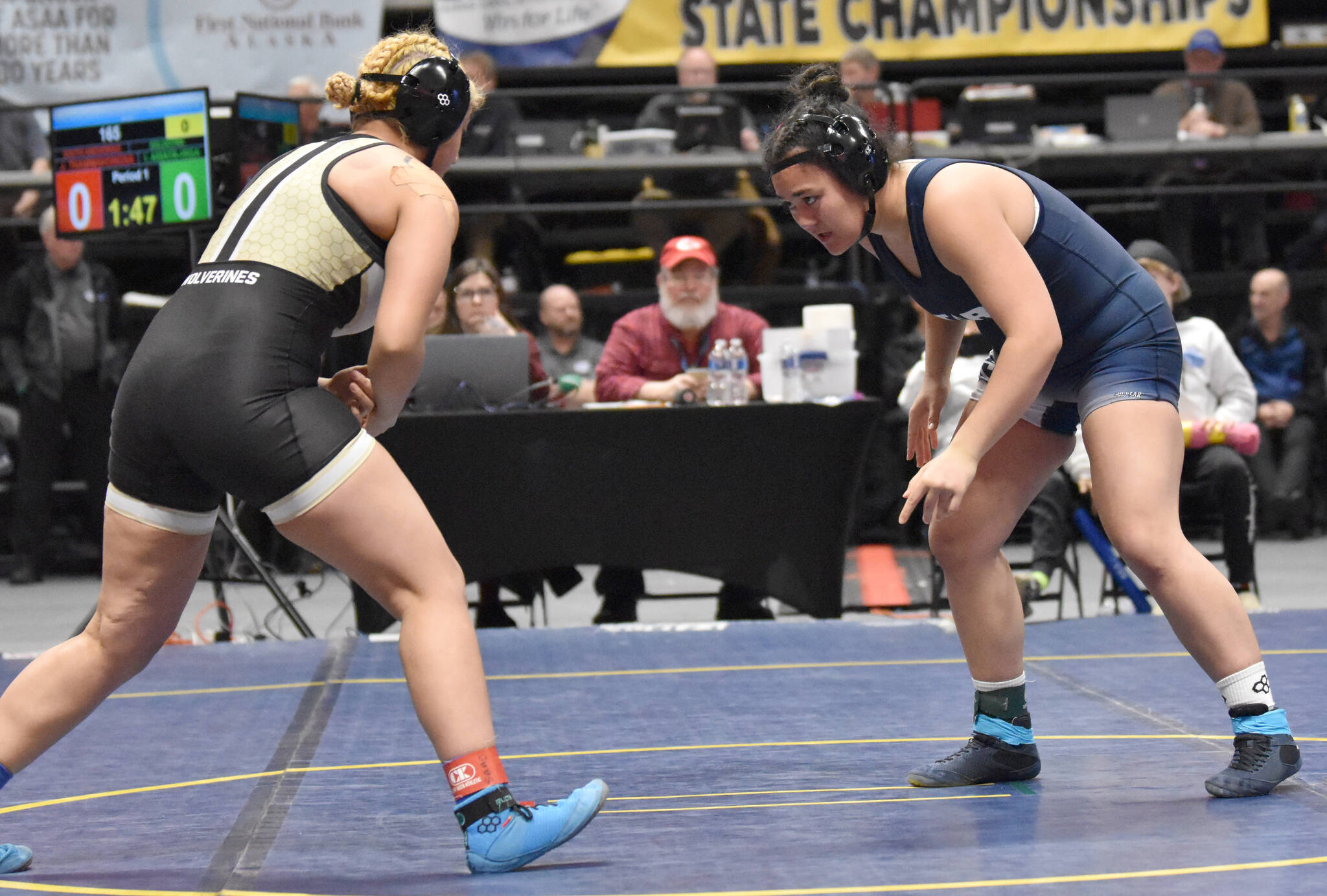 Soldotna’s Infinity-Ann Asiata-Higa was pinned by South’s Jessailah Thammavongsa in the final at 165 pounds at the girls state wrestling tournament Saturday, Dec. 21, 2024, at the Alaska Airlines Center in Anchorage, Alaska. (Photo by Jeff Helminiak/Peninsula Clarion)