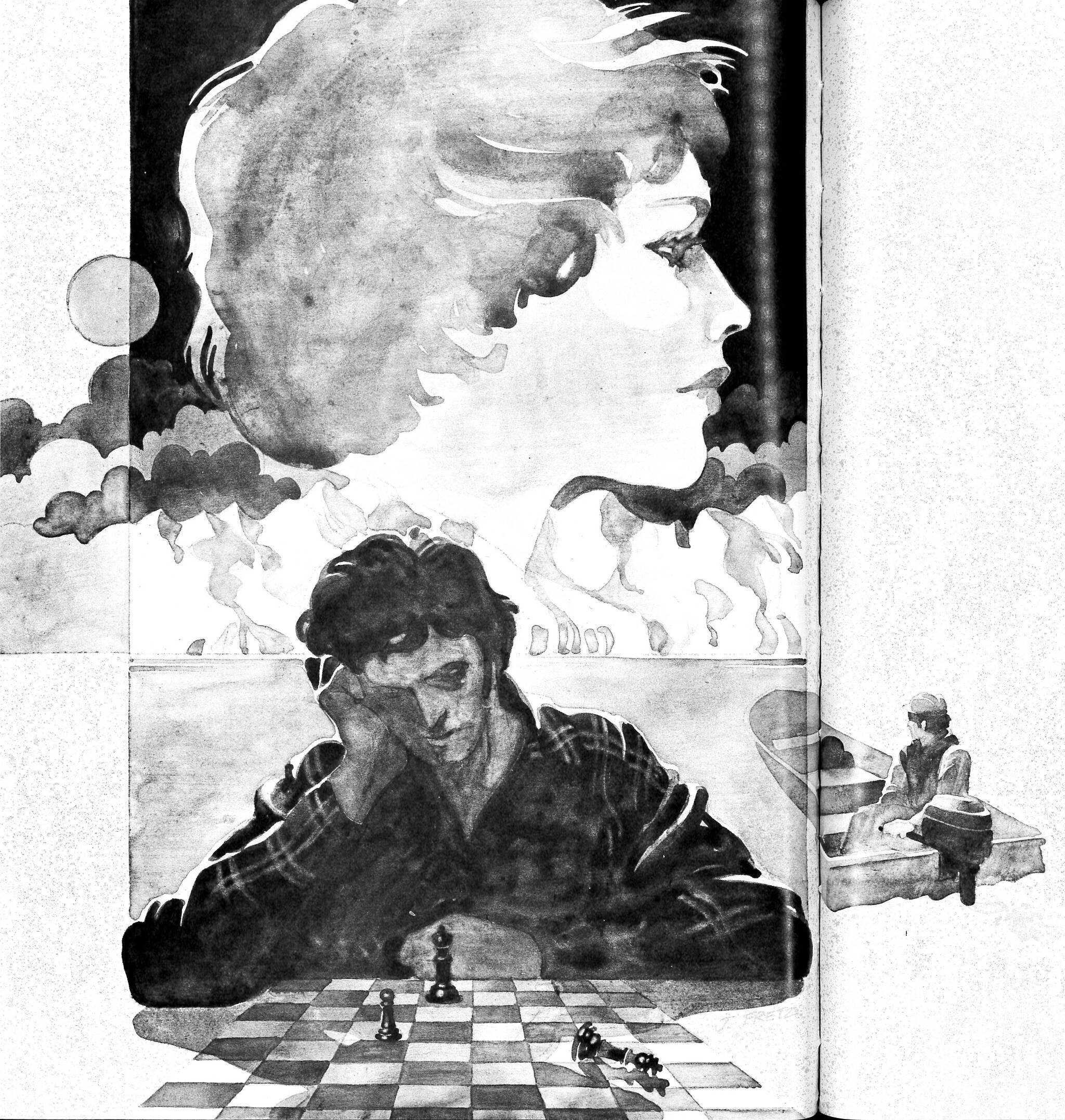 This illustration by John Fretz accompanied an article entitled “Anne: A True Story” in the November 1978 issue of Alaskafest, an in-flight magazine for Alaska Airlines. The story, designed as a romance, also concerned the death of Mitch Gyde, who drowned in Tustumena Lake in September 1975.