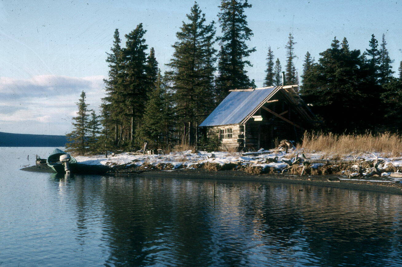 Mitch Gyde drowned not far from this cabin, known as the Cliff House, on upper Tustumena Lake in September 1975. (Photo courtesy of the Fair Family Collection)