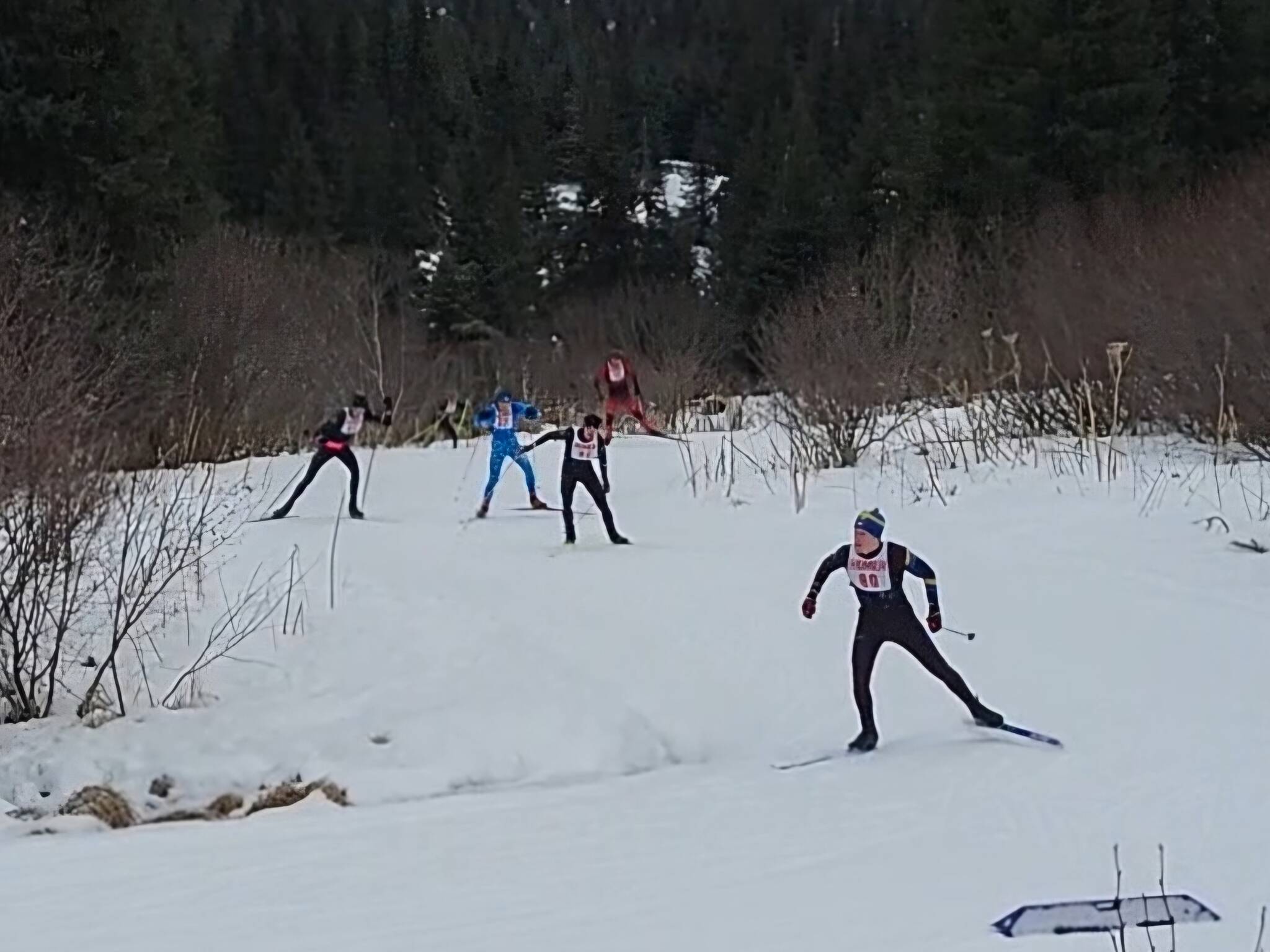 Homer’s Jody Goodrich leads the pack during the first lap of the Homer Skiathlon on Friday, Jan 3, 2025, at Ohlson Mountain just outside of Homer, Alaska. (Photo provided)