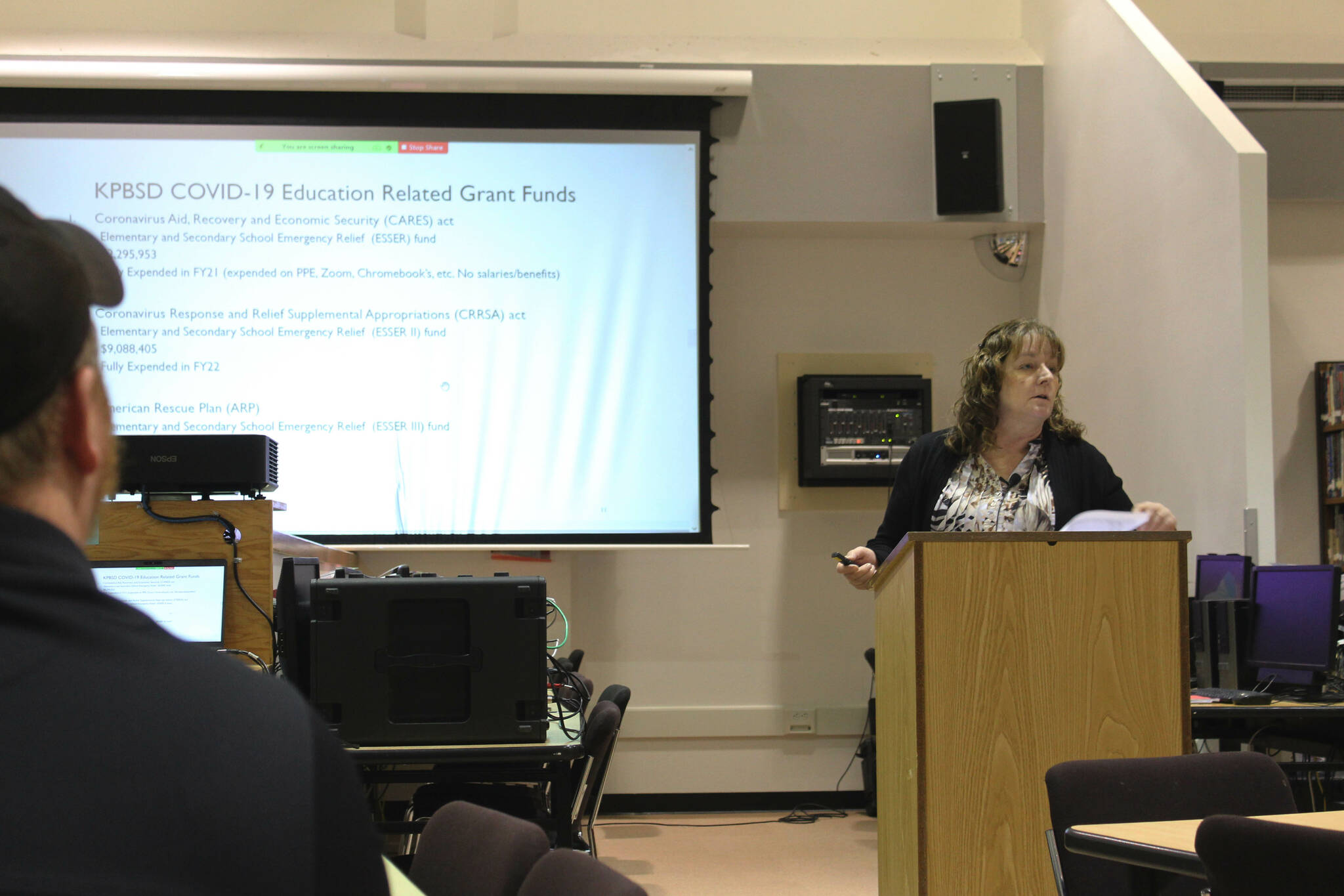 Kenai Peninsula Borough School District Finance Director Liz Hayes presents information on the district’ fiscal year 2024 budget at Kenai Central High School on Wednesday, February 15, 2023 in Kenai, Alaska. (Ashlyn O’Hara/Peninsula Clarion)