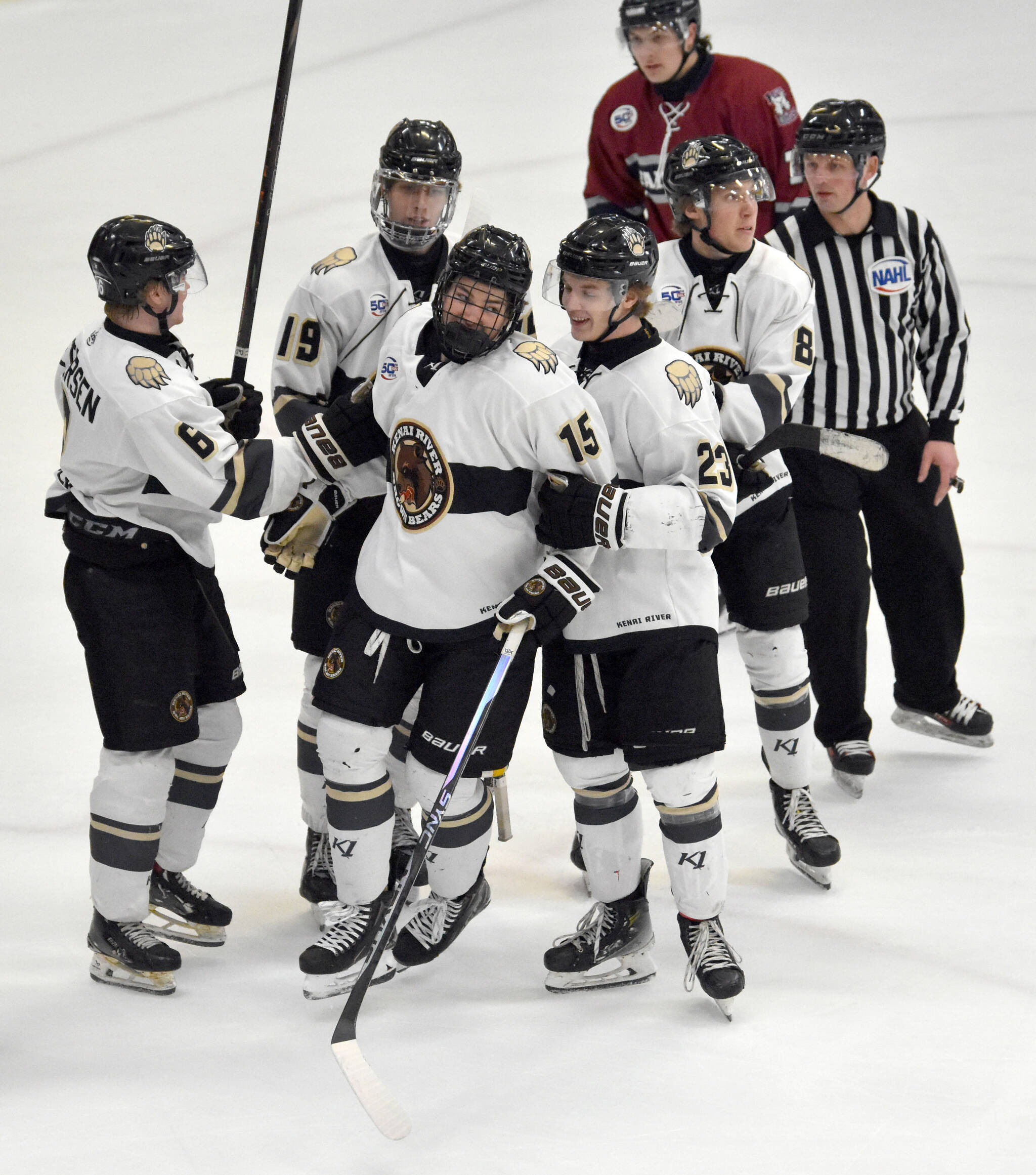 Sam Anderson (15) of the Kenai River Brown Bears celebrates his first goal in the North American Hockey League on Saturday, Jan. 11, 2025, at the Soldotna Regional Sports Complex in Soldotna, Alaska. (Photo by Jeff Helminiak/Peninsula Clarion)