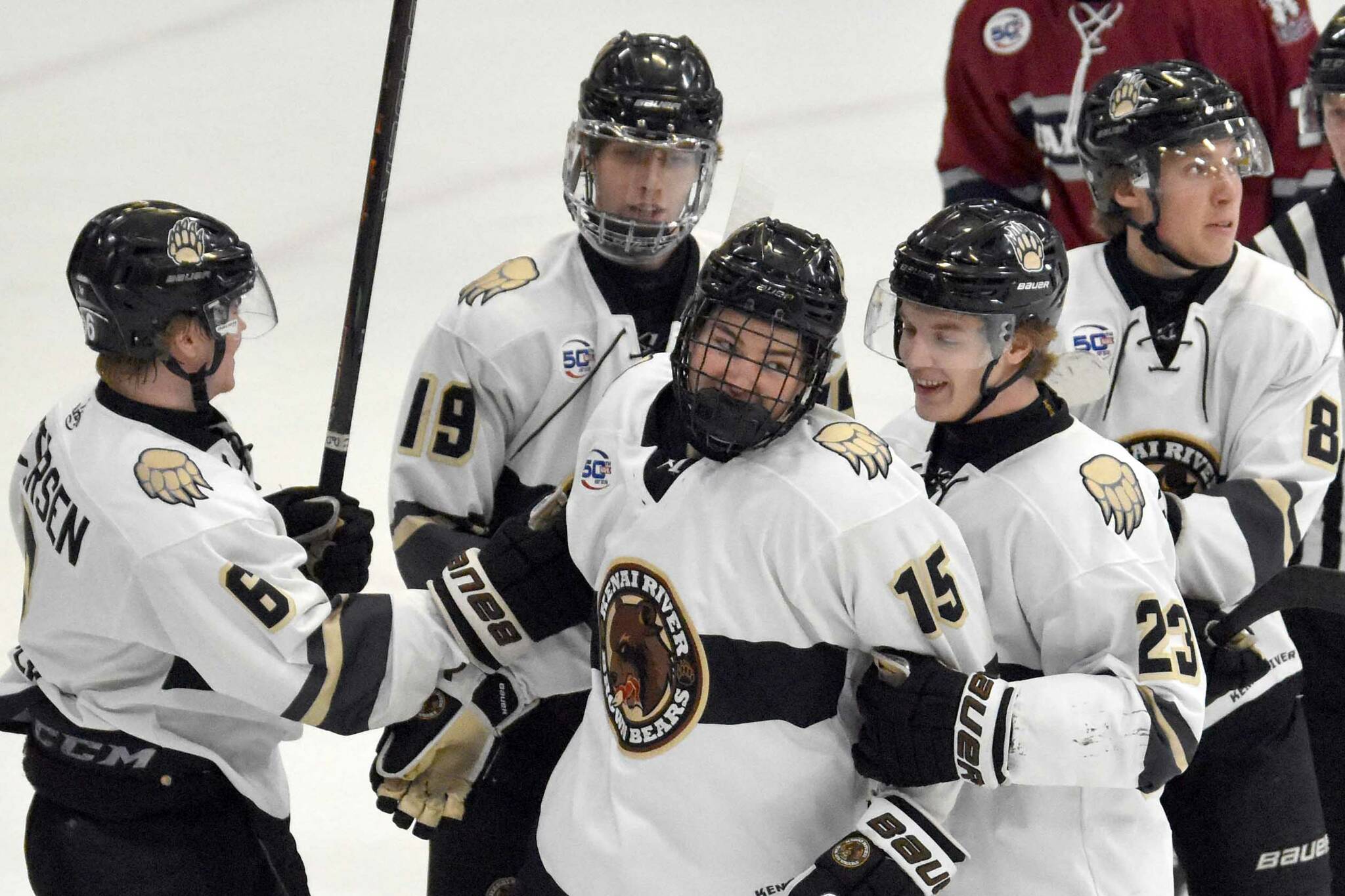 Sam Anderson (15) of the Kenai River Brown Bears celebrates his first goal in the North American Hockey League on Saturday, Jan. 11, 2025, at the Soldotna Regional Sports Complex in Soldotna, Alaska. (Photo by Jeff Helminiak/Peninsula Clarion)