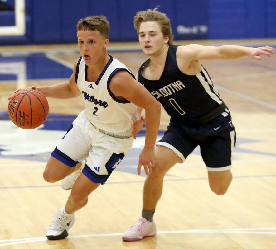 Palmer’s KJ Henry tries to get past Soldotna’s Owen Buckbee during a win over the Stars Friday, Jan. 10, 2024, at the Palmer Elks Showdown at Palmer High School in Palmer, Alaska. (Bruce Eggleston/matsusports.net)