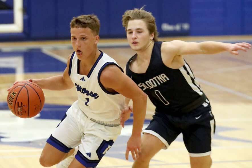 Palmer's KJ Henry tries to get past Soldotna's Owen Buckbee during a win over the Stars Friday, Jan. 10, 2024, at the Palmer Elks Showdown at Palmer High School in Palmer, Alaska. (Bruce Eggleston/matsusports.net)