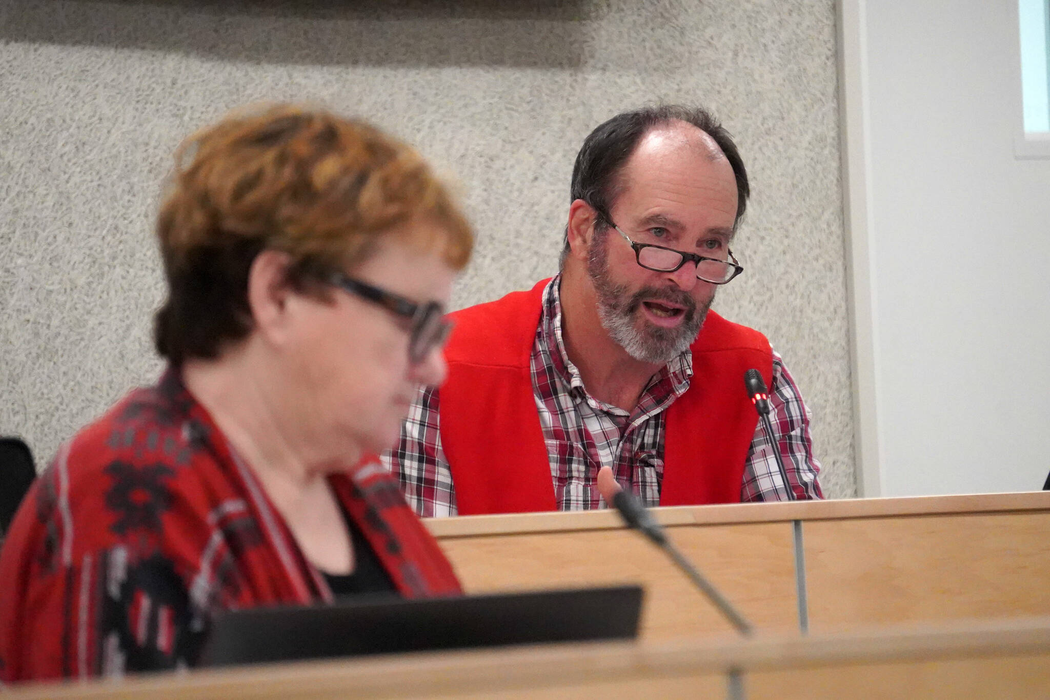 Tim Daugharty speaks during a meeting of the Kenai Peninsula Borough School District Board of Education in Soldotna, Alaska, on Monday, Jan. 13, 2025. (Jake Dye/Peninsula Clarion)