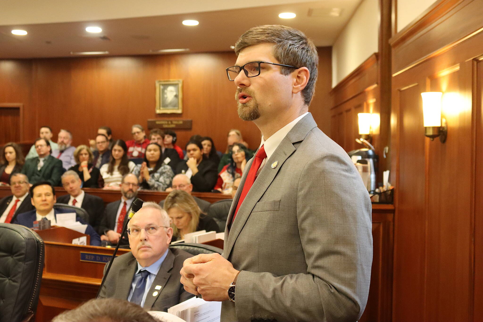 Sen. Jesse Bjorkman, a Nikiski Republican, speaks in favor of overriding a veto of Senate Bill 140 during floor debate of a joint session of the Alaska State Legislature on Monday, March 18, 2024 (Mark Sabbatini / Juneau Empire)