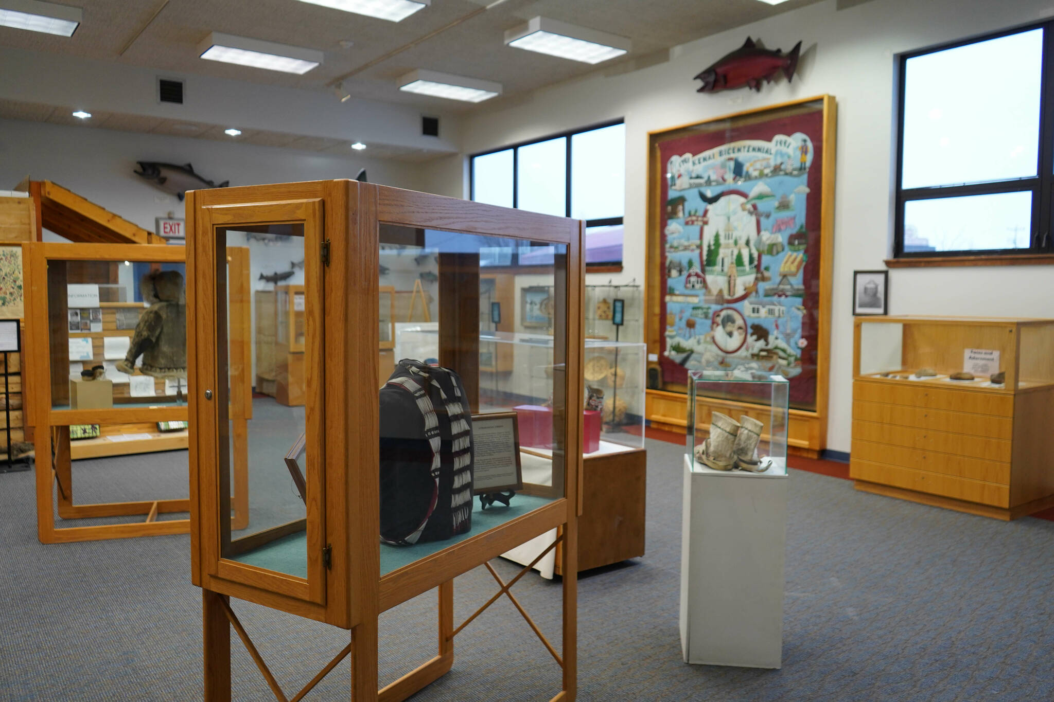 Exhibits, displays and artifacts are seen during the grand reopening of the cultural center at the Kenai Chamber of Commerce and Visitor Center in Kenai, Alaska, on Wednesday, Jan. 15, 2025. (Jake Dye/Peninsula Clarion)