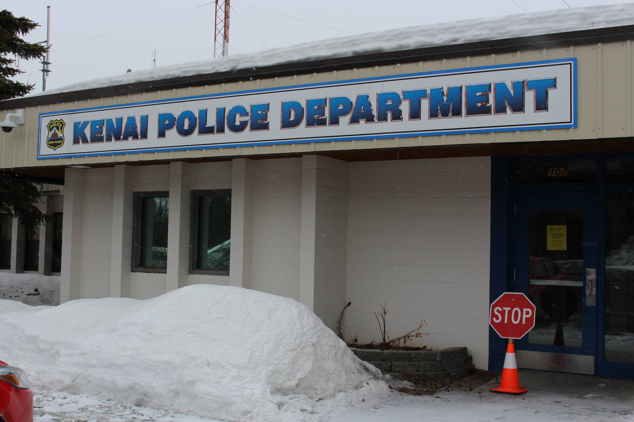 The entrance to the Kenai Police Department, as seen in Kenai, Alaska, on April 1, 2020. (Photo by Brian Mazurek/Peninsula Clarion)