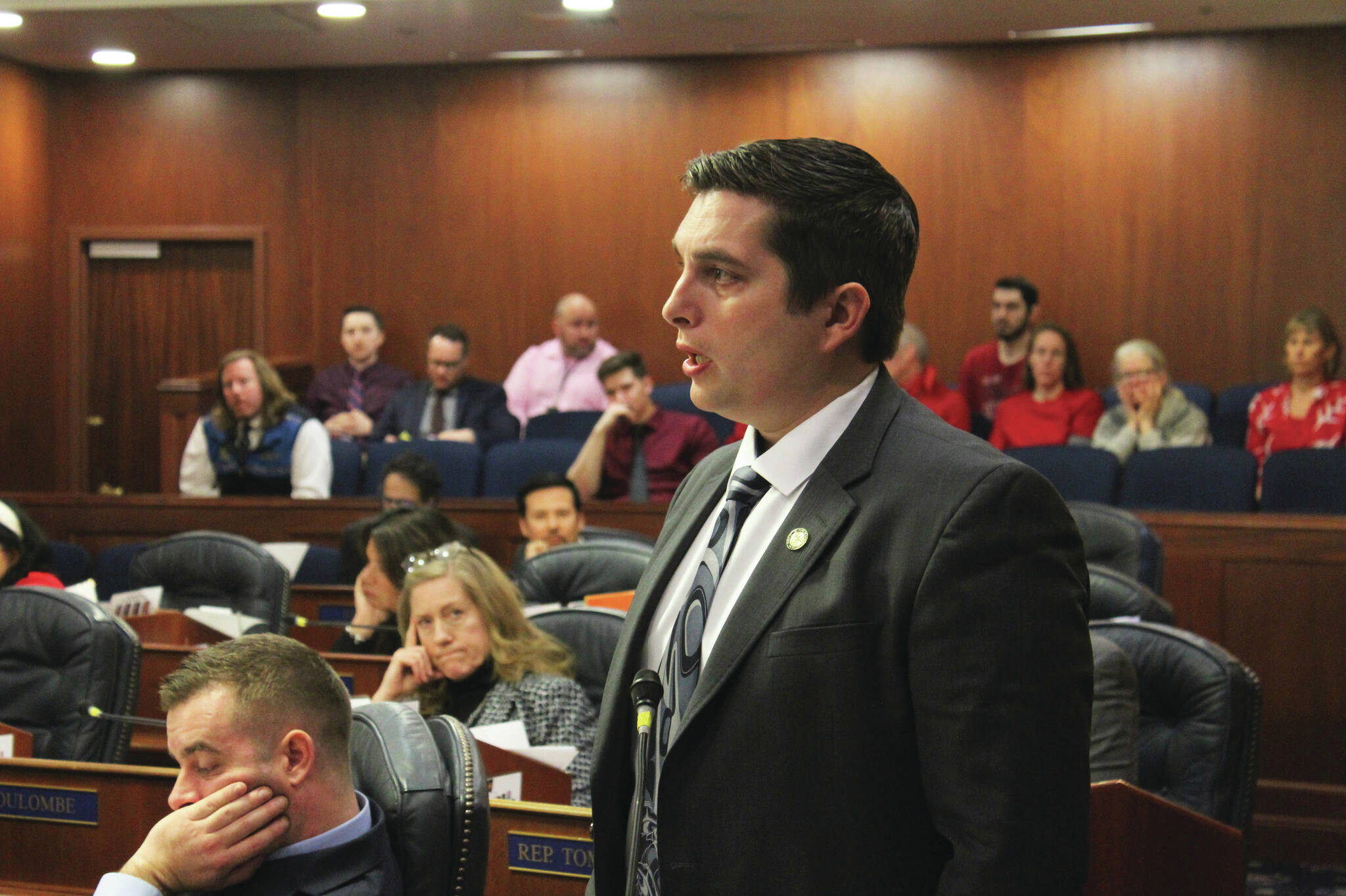 Rep. Justin Ruffridge, R-Soldotna, speaks in support of debating an omnibus education bill in the Alaska House Chambers on Monday, Feb. 19, 2024, in Juneau, Alaska. (Ashlyn O’Hara/Peninsula Clarion)