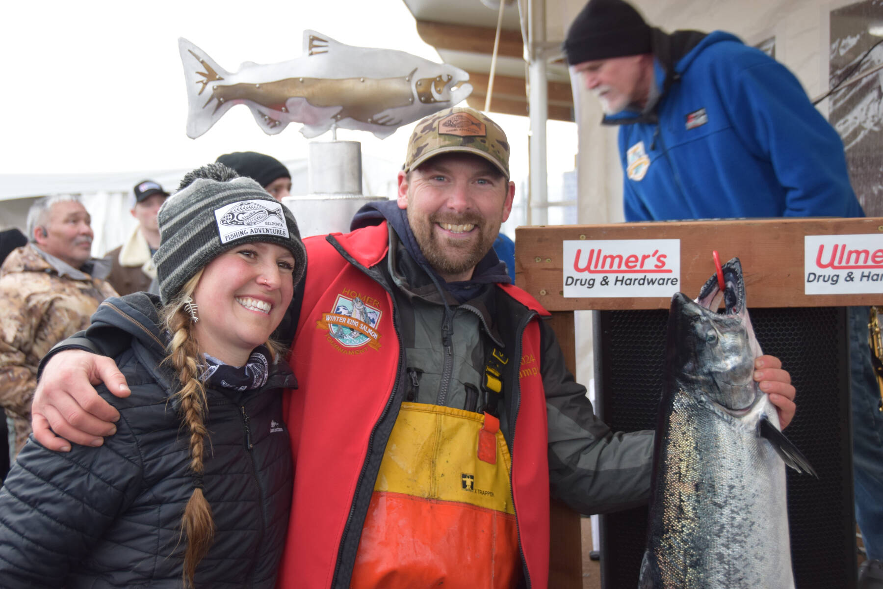 Chris Keithley, 2024 Homer Winter King Salmon Tournament champion, poses with his prize fish after the awards ceremony at the Deep Water Dock on the Spit in Homer, Alaska on Saturday, March 23, 2024. (Delcenia Cosman/Homer News)